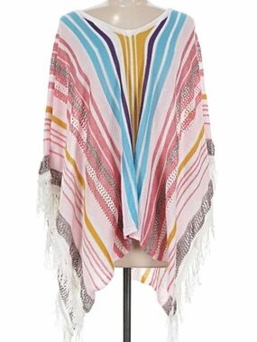 Boho cupshe cover up beachwear Striped Fringe Knit Poncho multicolor OS